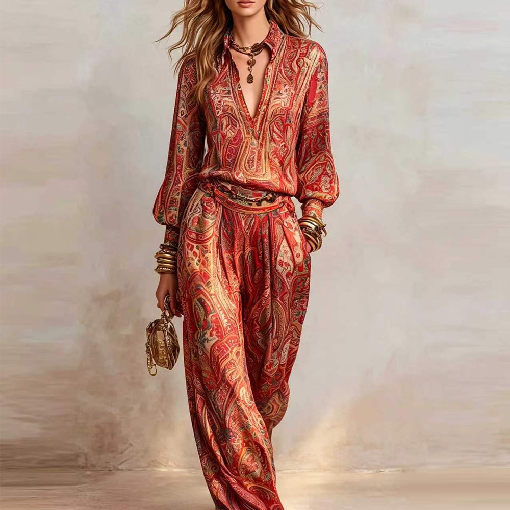 Women's Deep V-Neck Wide-Leg Pants Set Casual Two-Piece Outfit