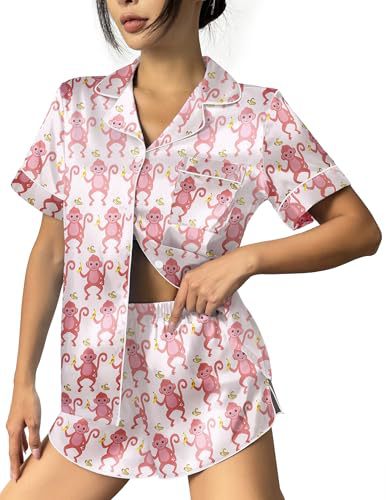 Women's Cuban Collar Leopard Tree Floral Monkey Print Short Sleeve Set