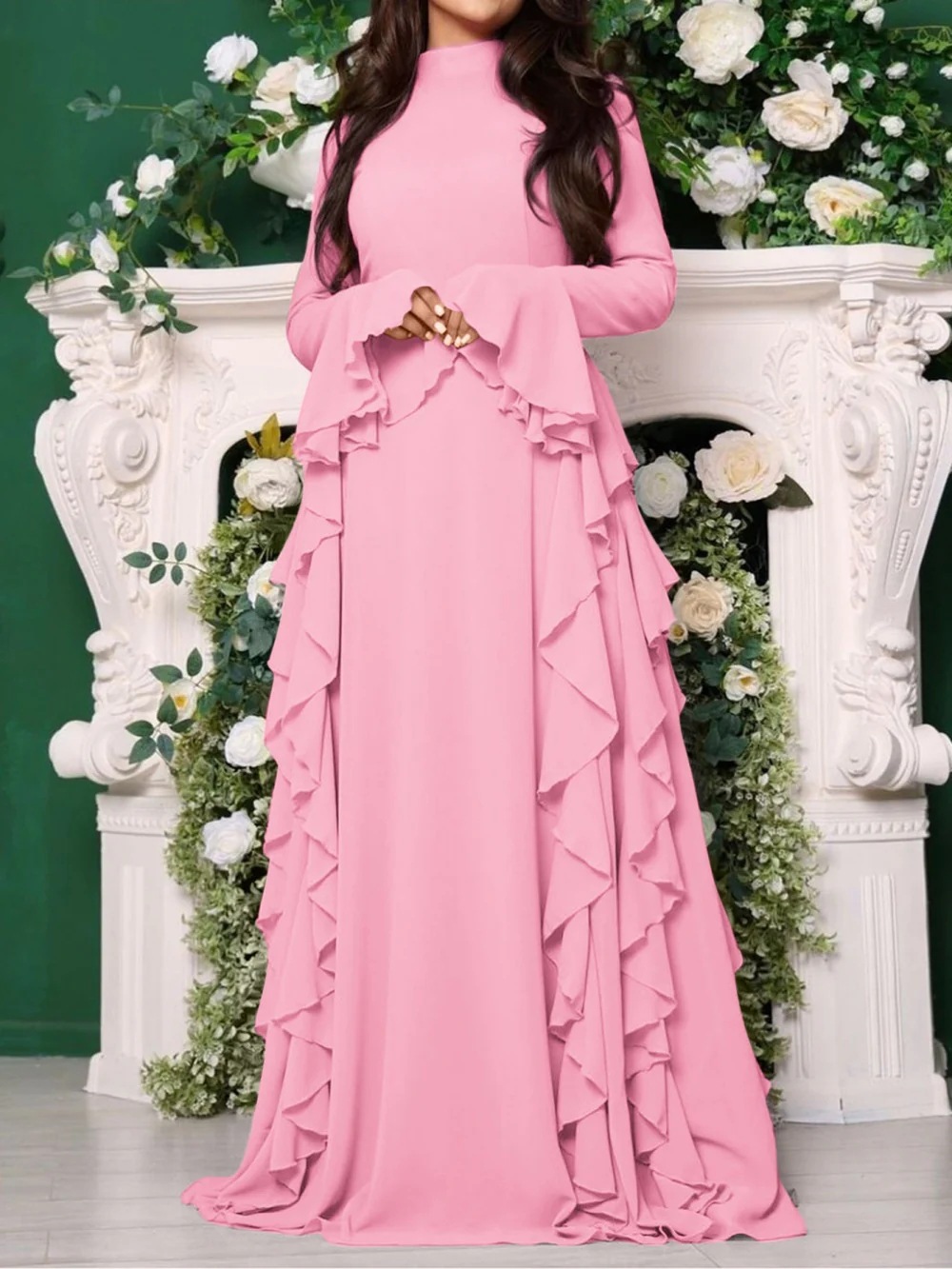 Elegant High-Waist Solid Bell-Sleeve Long Dress
