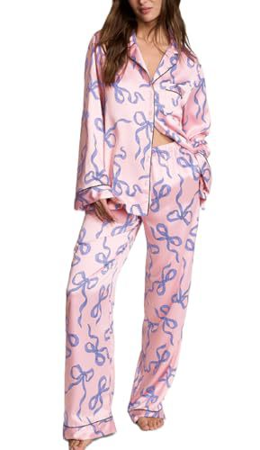 Cuban Collar Bow Ribbon Print Long Sleeve Women's Set