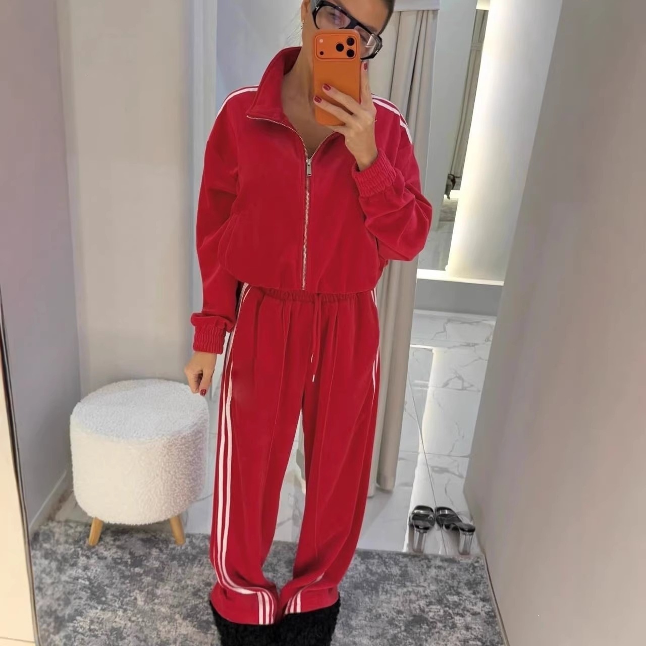 Women's Casual Two-Piece Set Long Sleeve Zip Cardigan and Tie-Waist Pants