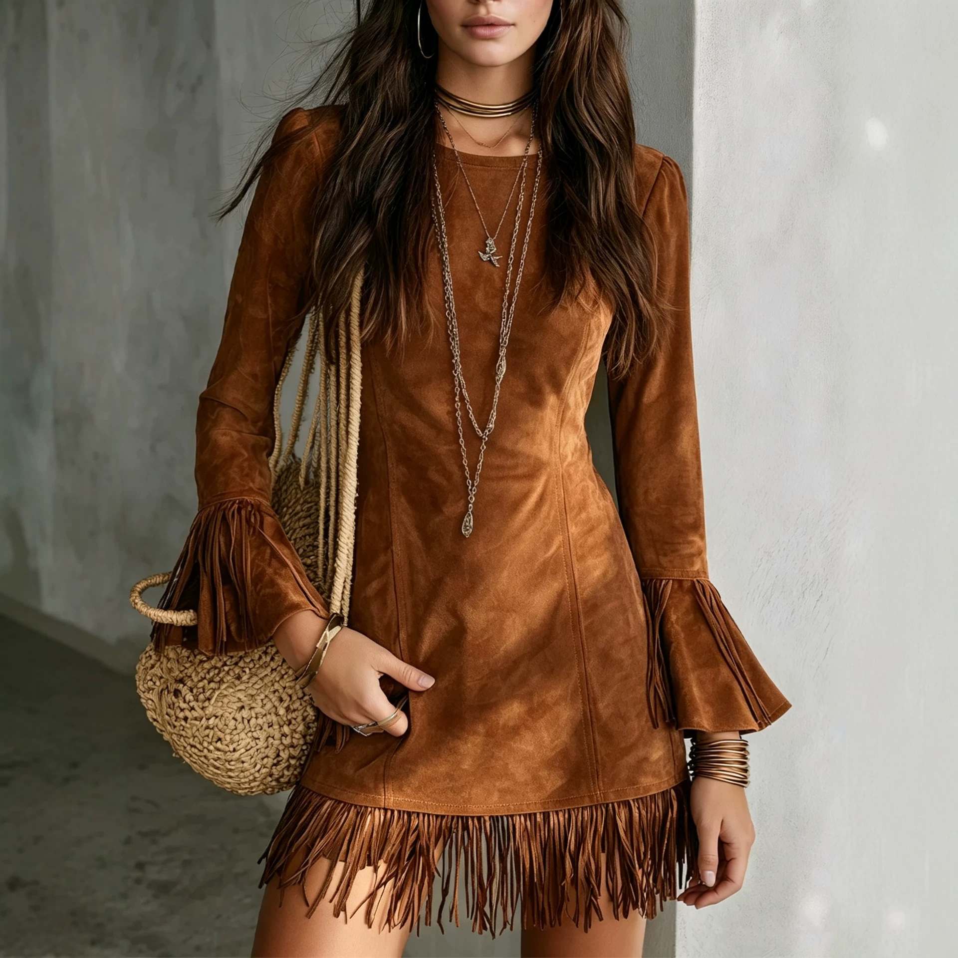 Faux Suede Fringe Slim Fit Long Sleeve Dress