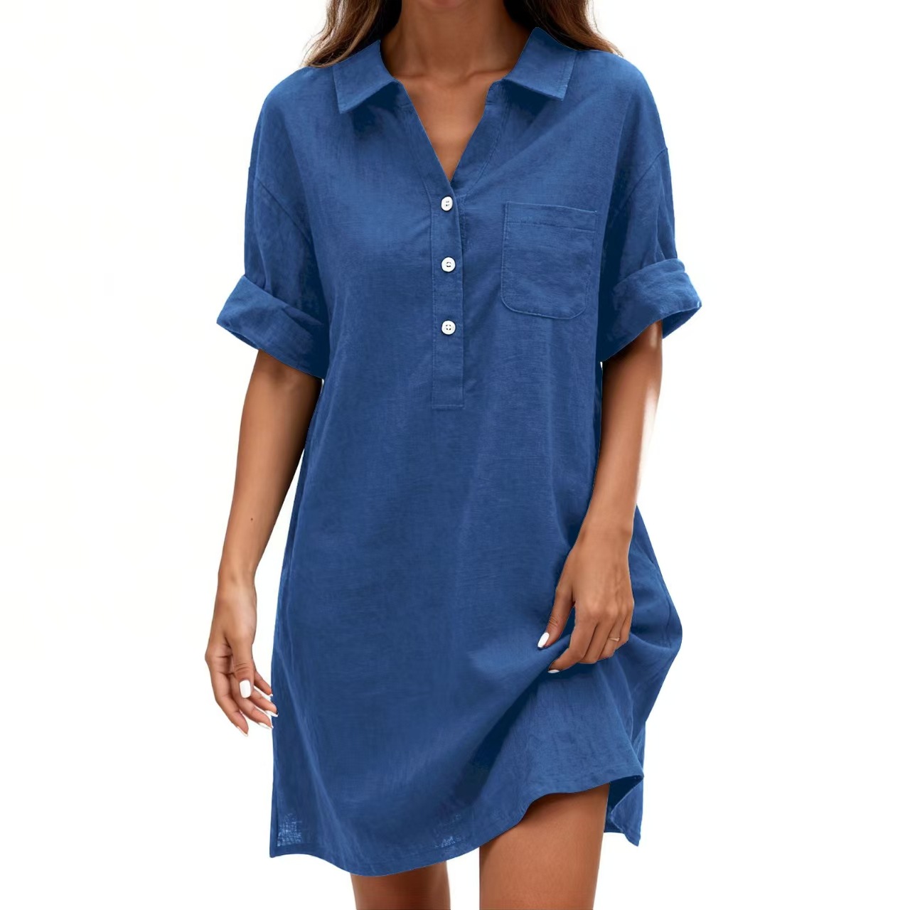 Women's Cotton Short Sleeve Midi Dress with Small Lapel Collar