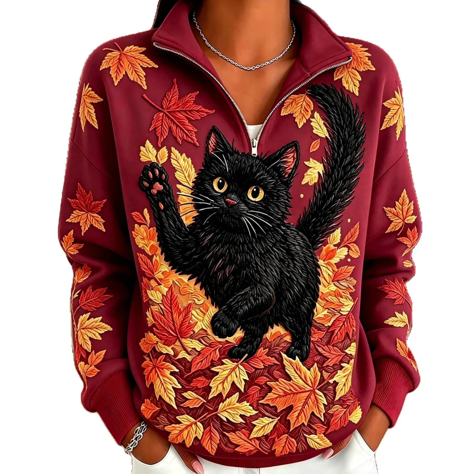 Cat & Maple Leaf Print Half-Zip Hoodie for Women
