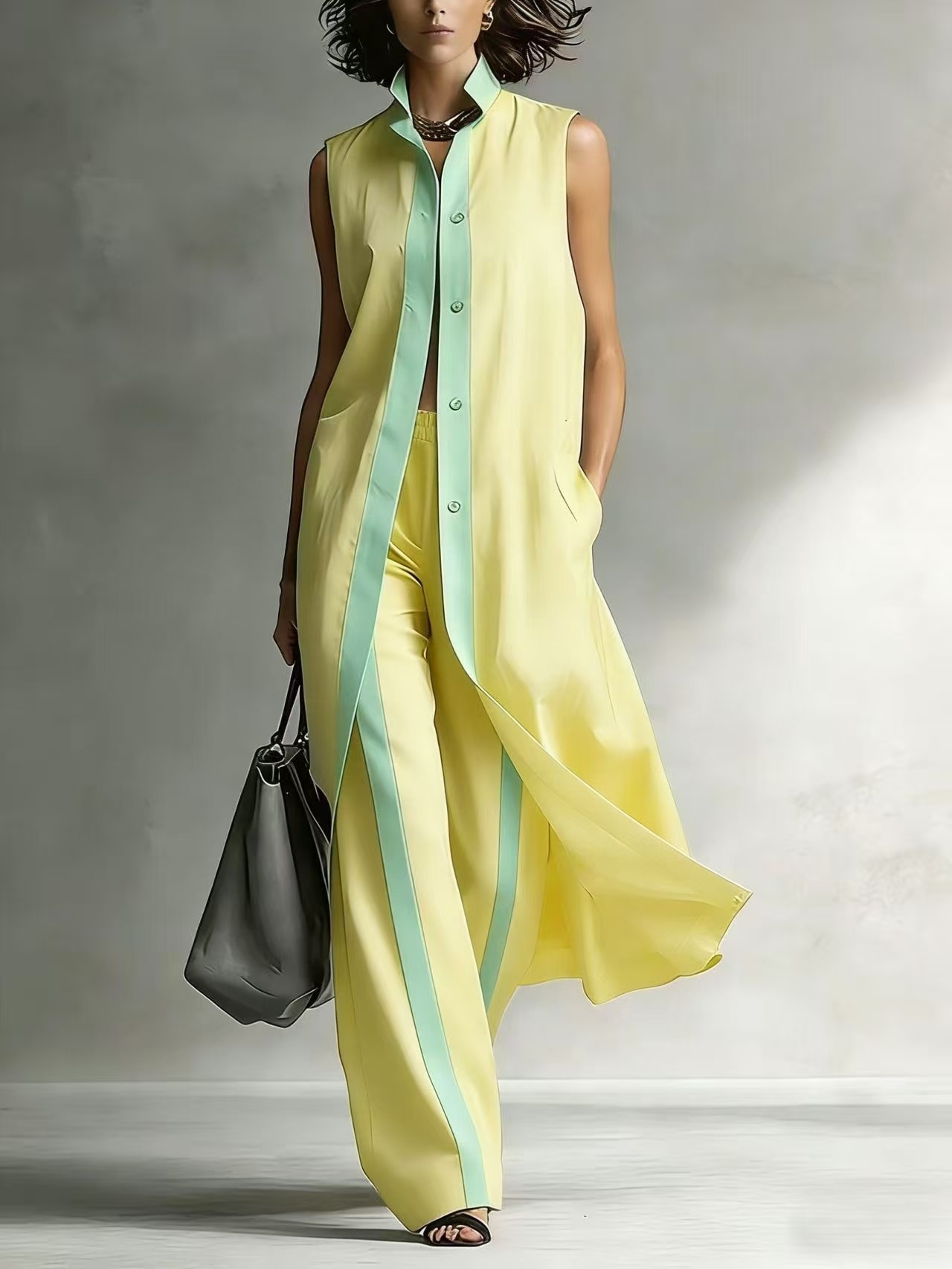 Colorblock Sleeveless Vest Cardigan & Pants Set
