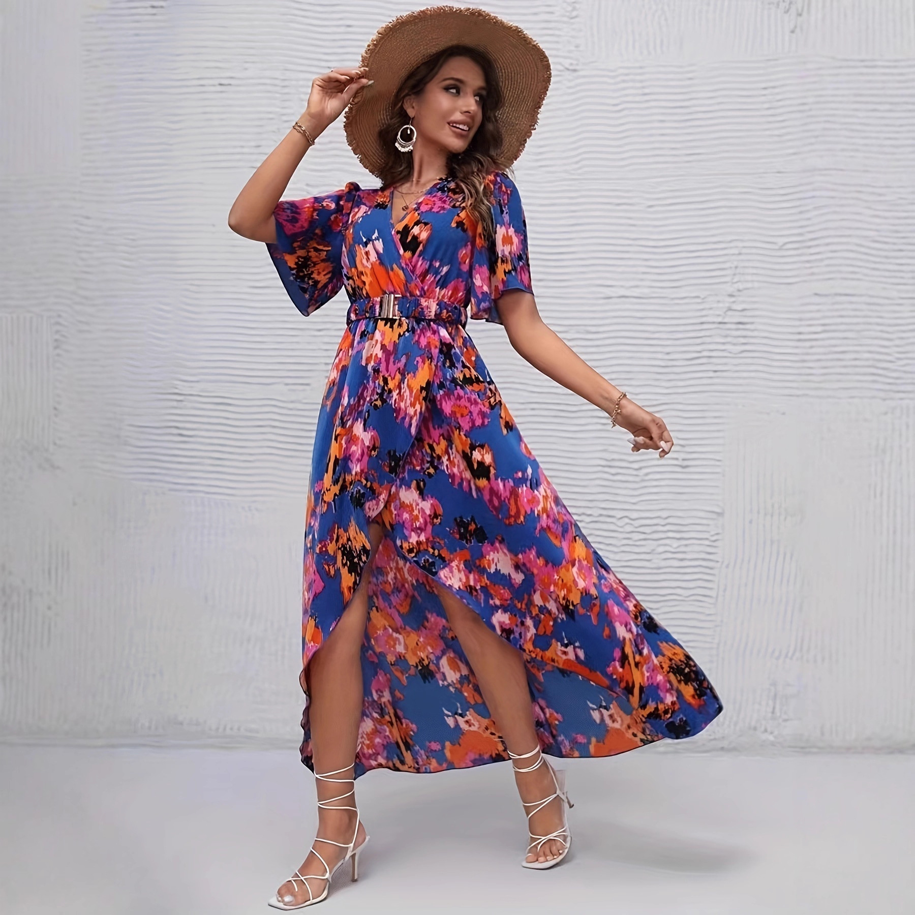 Bohemian V-Neck Gradient Print Cinched Waist Beach Dress