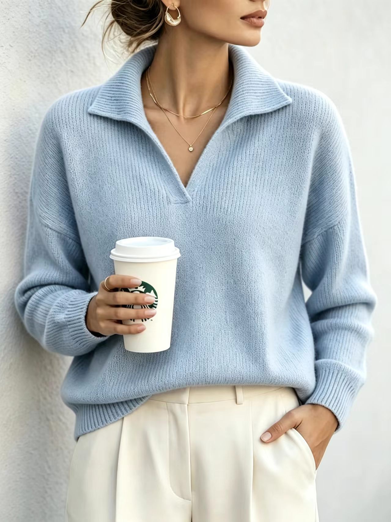 V-Neck Pullover Sweater Top Elegant Commuter Style Women's