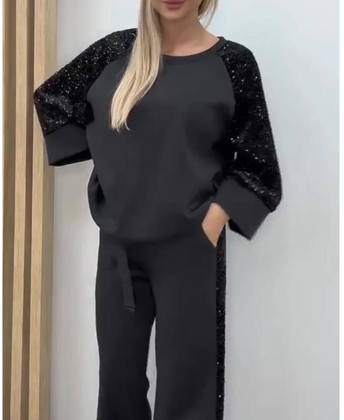 Sequin Patchwork Long-Sleeve Crewneck Sweatshirt & Pants Set