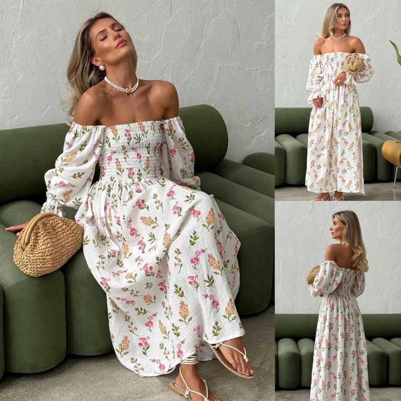 Off-Shoulder Floral Pleated Lantern Sleeve Long Sleeve Dress