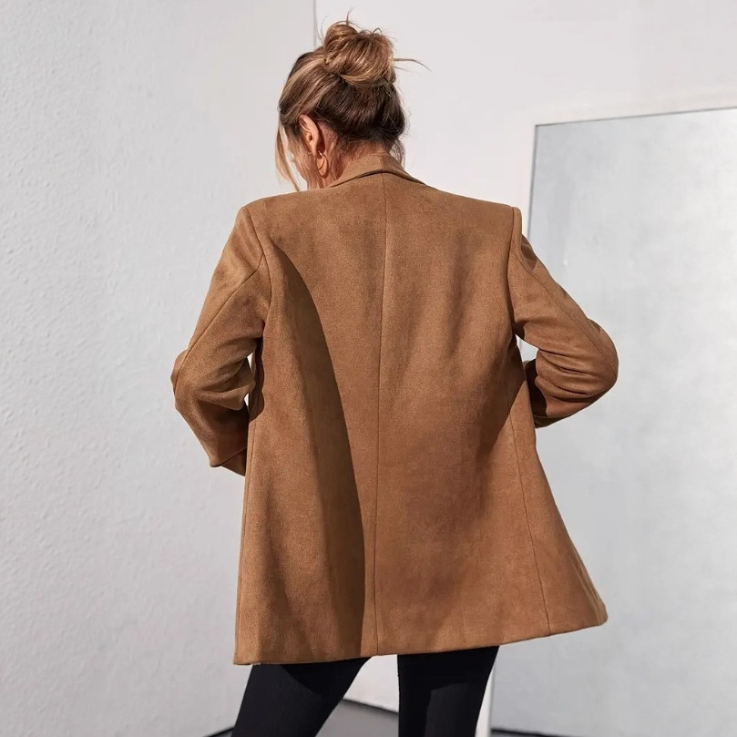 Women's Faux Suede Blazer Jacket Solid Color Long Sleeve
