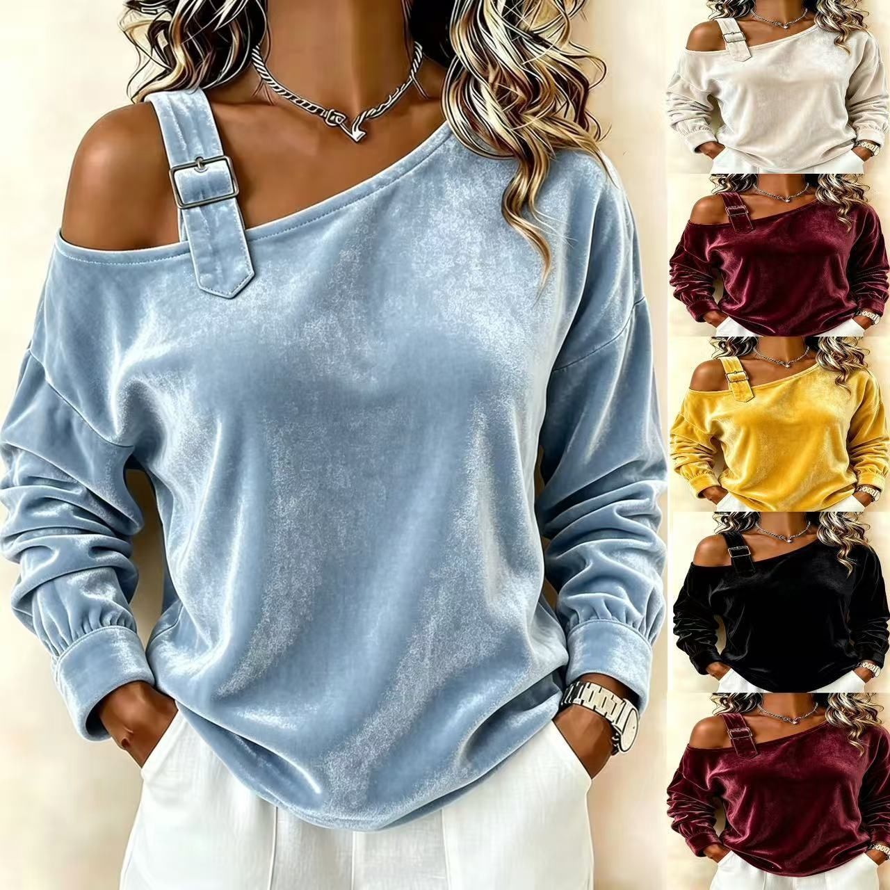 Women's Off-Shoulder Long-Sleeve Solid Color Loose Top