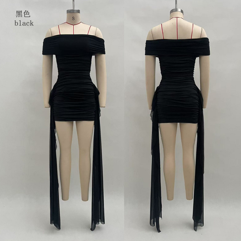Women's Off-Shoulder Ruched Bodycon Mini Dress with Draped Tie