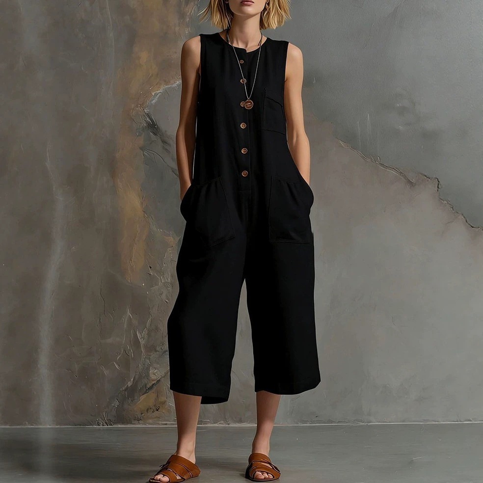 Round Neck Sleeveless Cropped Jumpsuit with Half Button Front and Pockets