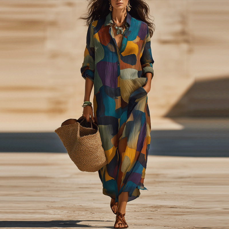 Printed Button-Front Collared Long-Sleeve Maxi Dress