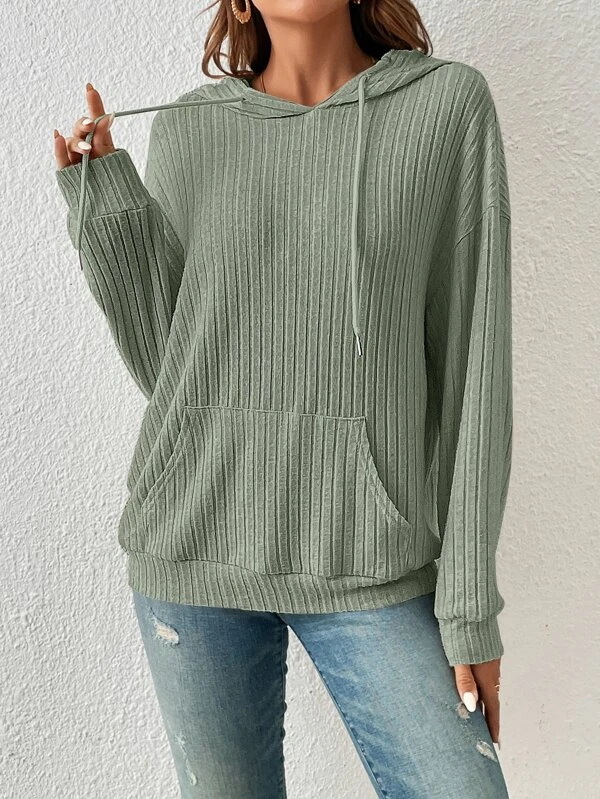 Women's Ribbed Knit Hoodie with Kangaroo Pocket