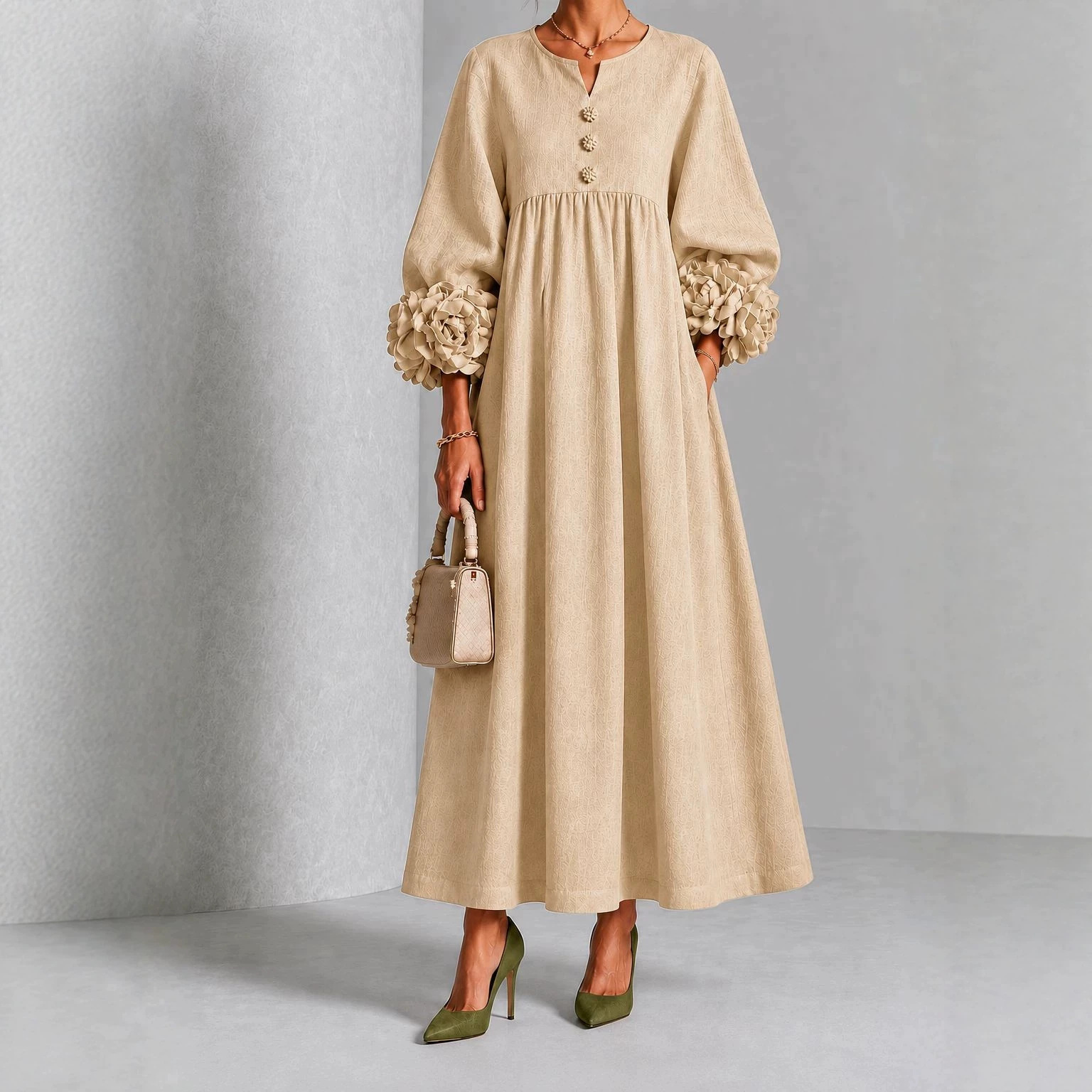 Women's Light Luxury Solid Color Dress with Floral Lantern Sleeves, V-Neck, High Waist, Pleated A-Line Long