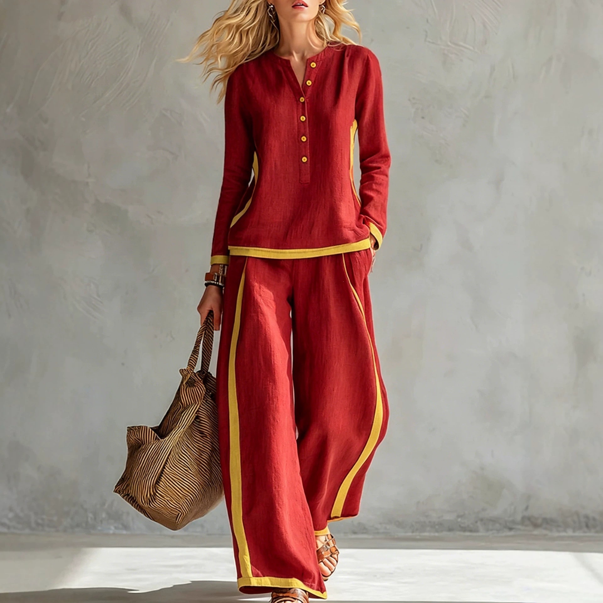 Women's Color-Block Cotton-Linen Two-Piece Set Button-Front Stand Collar Long Sleeve Top & Side-Striped