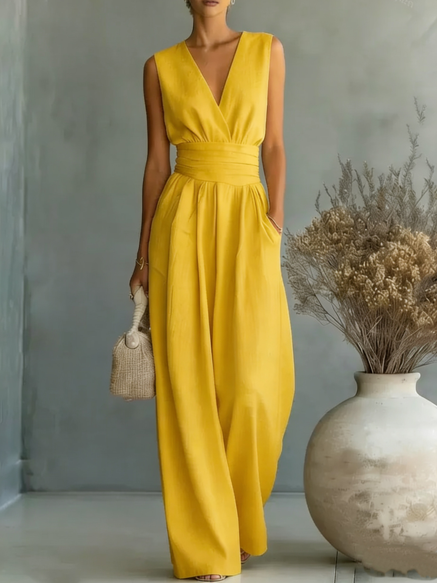 Elegant Sleeveless V-Neck Wide-Leg Jumpsuit with Cinched Waist