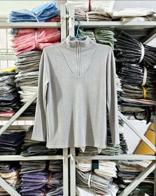 Women's Zip-Up Knit Pullover Sweater Long Sleeve Crew Neck