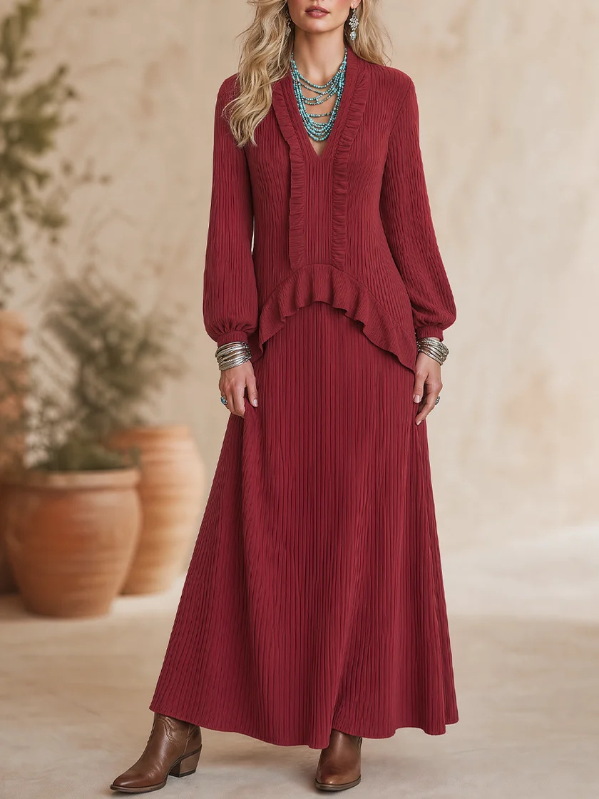 V-Neck Pleated Ruffle Lantern Sleeve Loose Long Dress