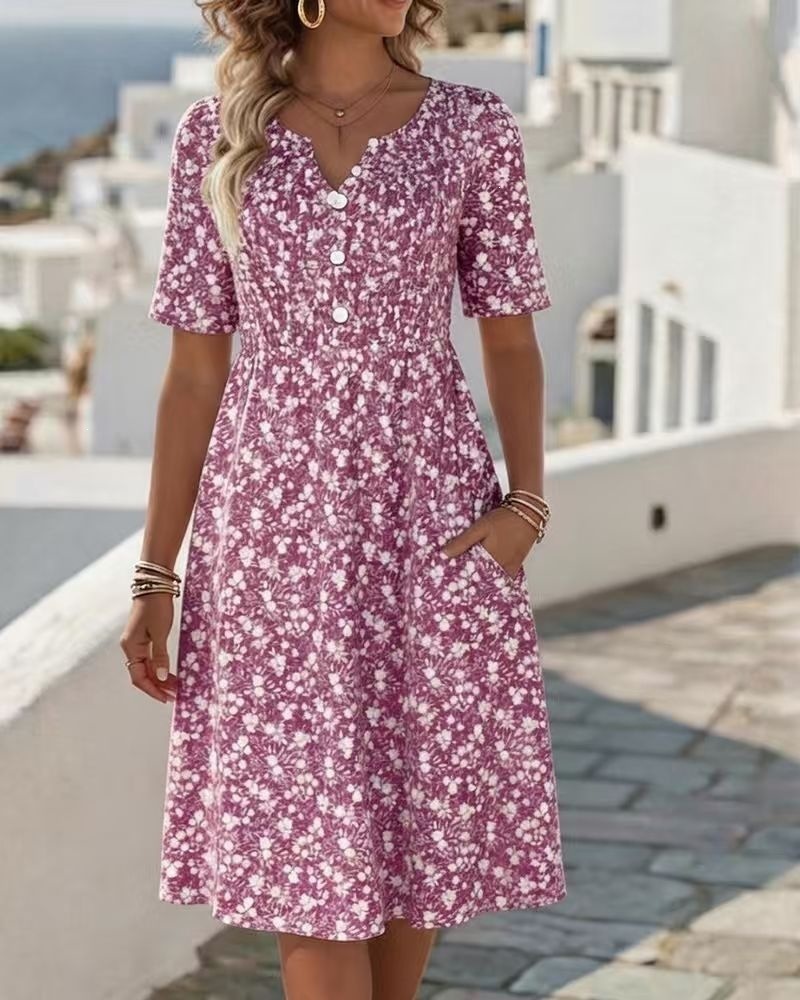 Women's Floral Print V-Neck Midi Dress Short Sleeve