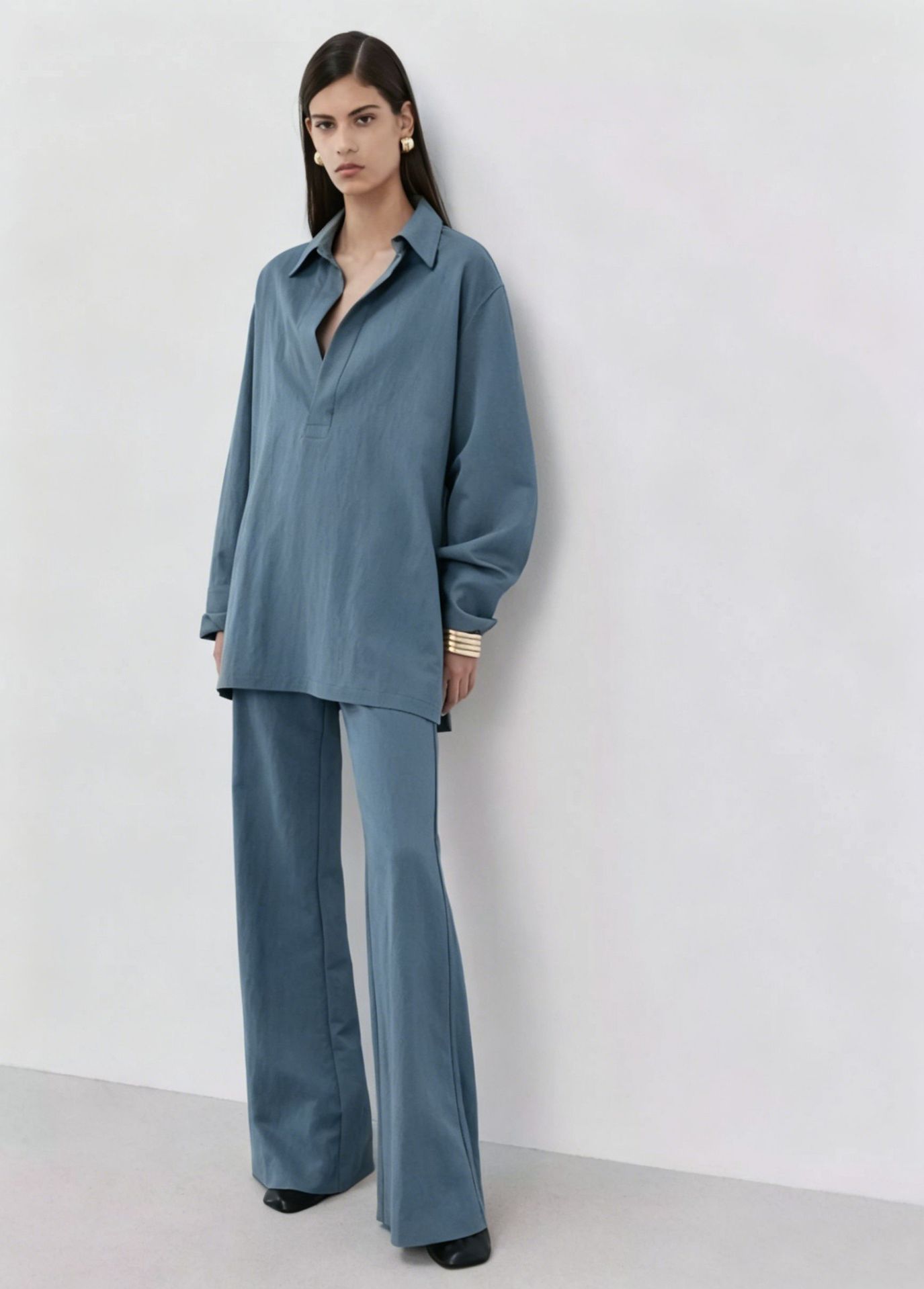 Women's Two-Piece Collared Shirt Set Long Sleeve Solid Color