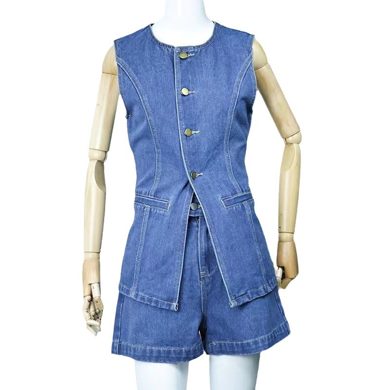 Sleeveless High-Waist Denim Shorts Set