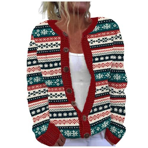 Women's Christmas Santa Snowman Tree Print Faux Sweater Cardigan