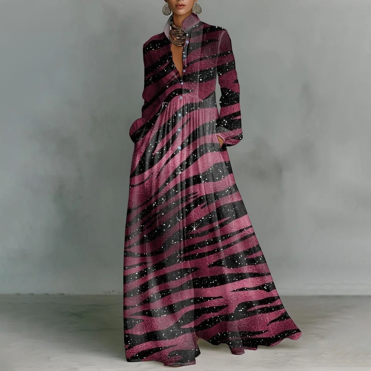 French Style Printed Long Dress with Collar, Loose Casual Vacation Dress