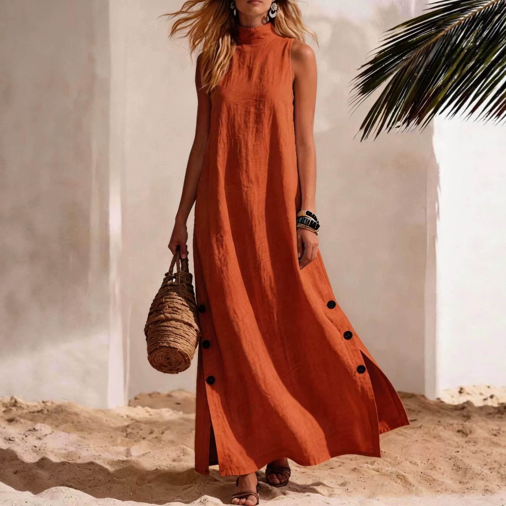 Women's Cotton Linen Short Sleeve Sleeveless Side Slit Midi Dress