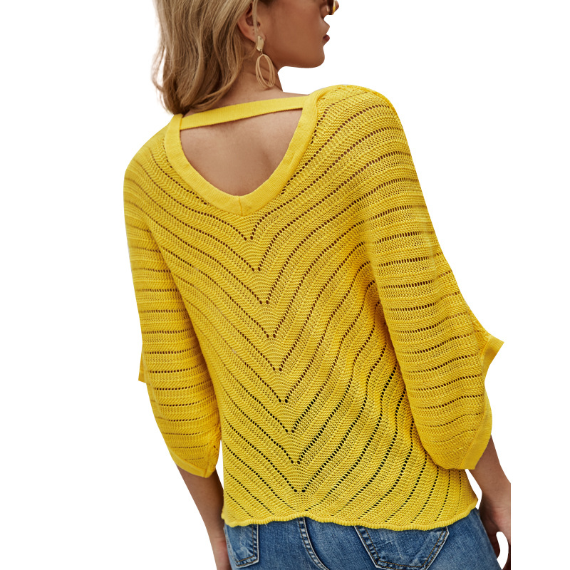 Women's V-Neck Short Sleeve Batwing Top Tie-Front Lightweight Hollow Knit