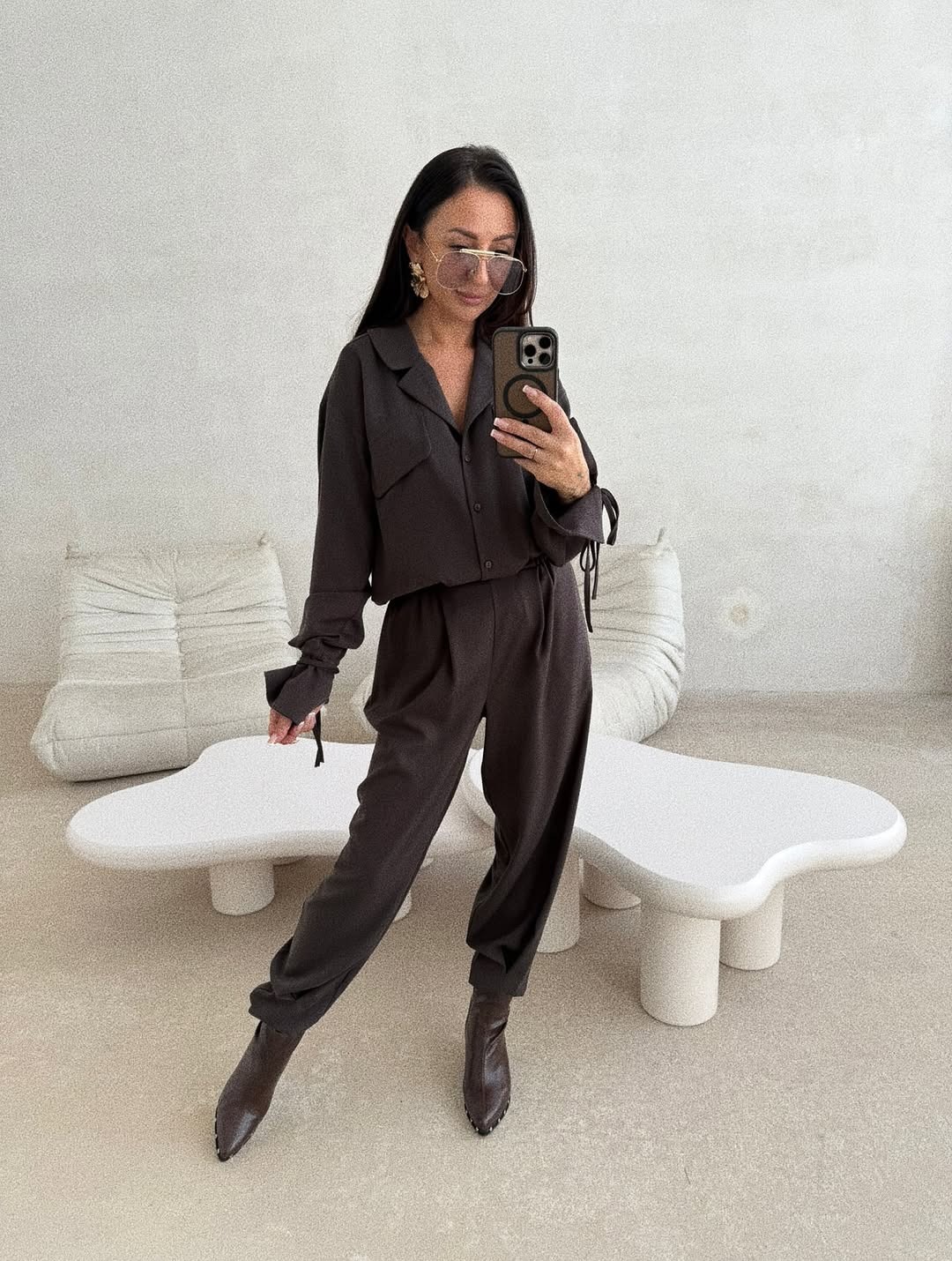 Women's Crepe Collared Long-Sleeve Shirt & Pants Set