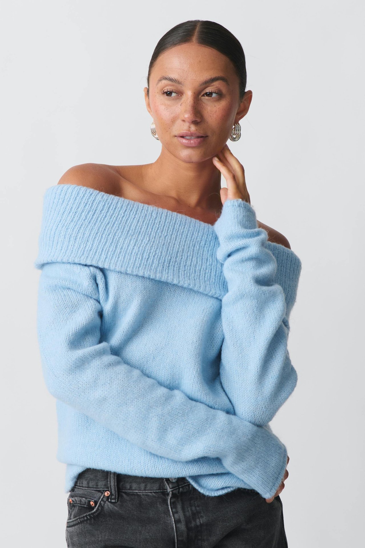 Women's Off-Shoulder Lapel Knit Top Slim Fit Sweet Pullover