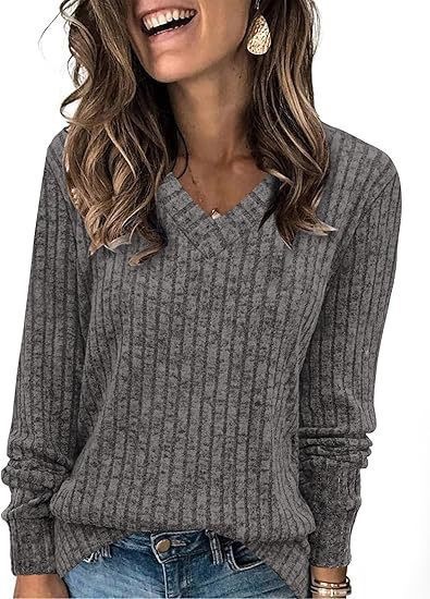 Women's Ribbed Knit V-Neck Long Sleeve Top