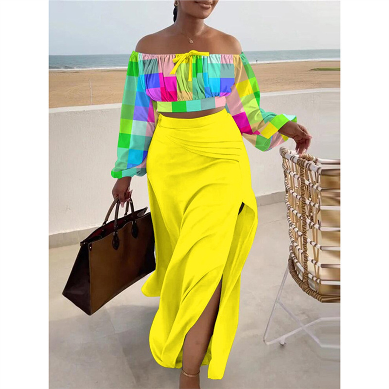 Off-Shoulder Slit Dress Set with Printed Top