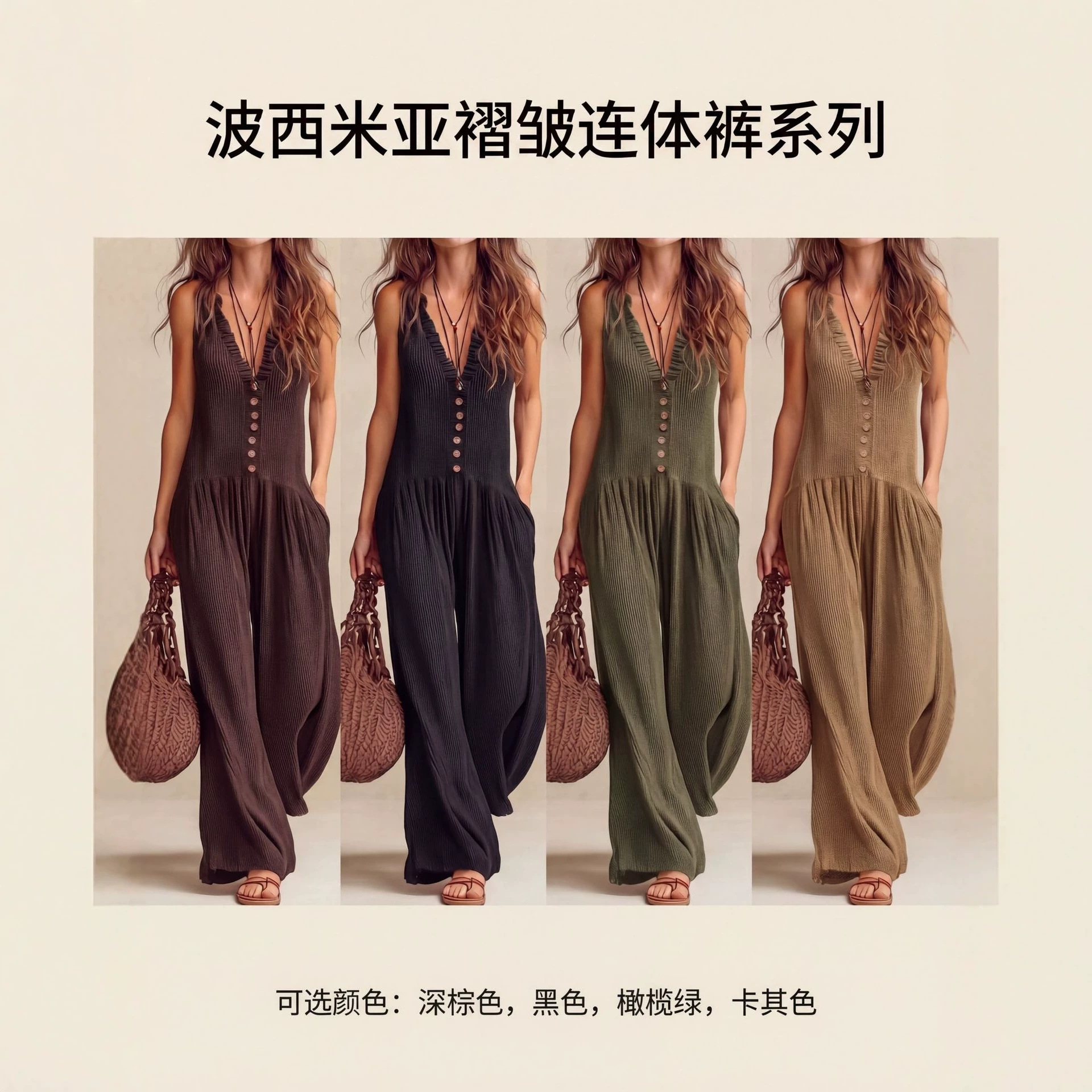 Women's Loose Boho V-Neck Wide-Leg Jumpsuit