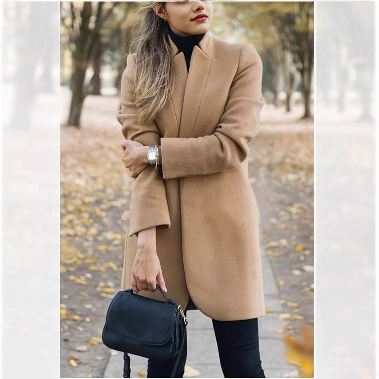 Solid Color Stand Collar Woolen Coat