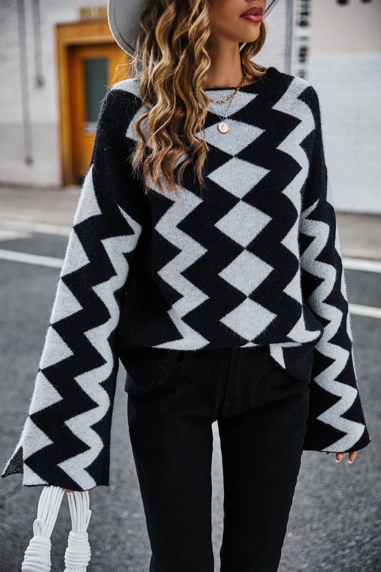 Diamond Plaid Color-Block Hooded Knit Sweater