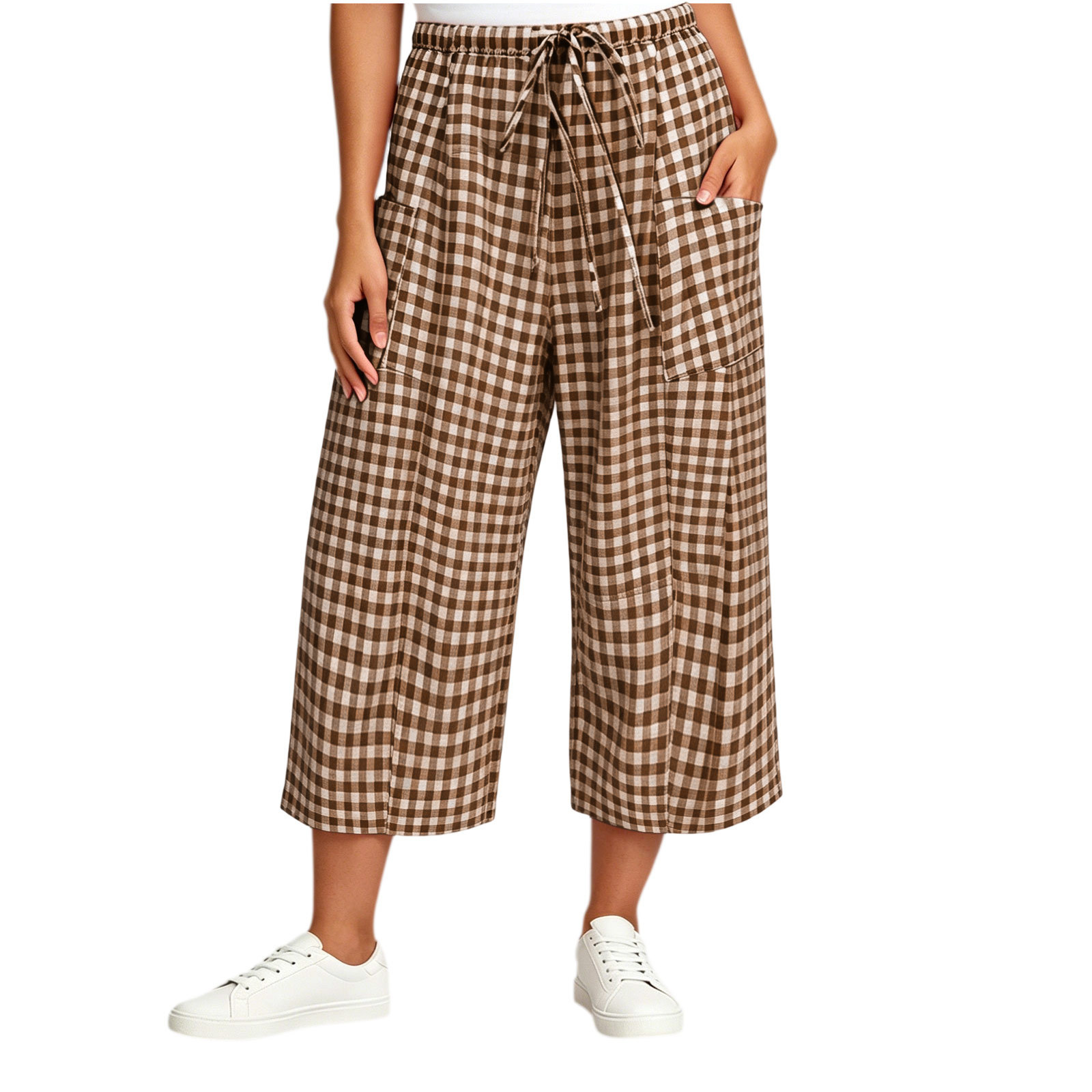 Plaid Wide-Leg Drawstring Pants with Pockets