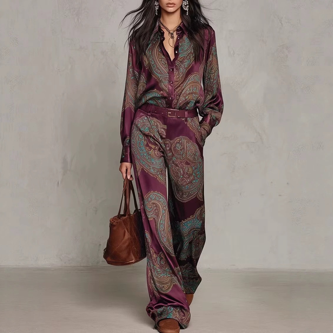 Paisley Print Long-Sleeve Shirt and Wide-Leg Pants Set