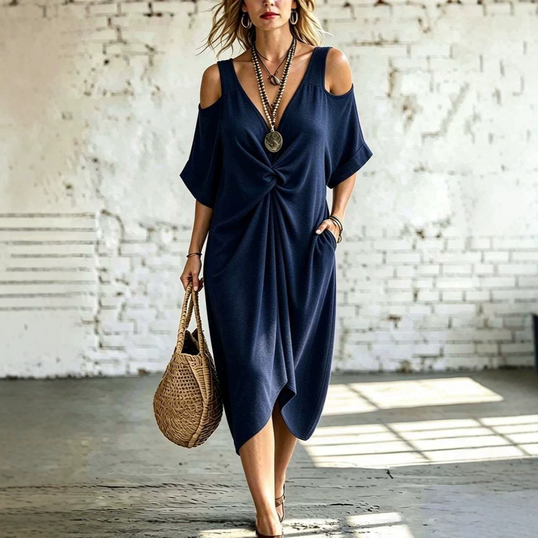 Off-Shoulder Short Sleeve V-Neck Loose Plus Size Pleated Dress