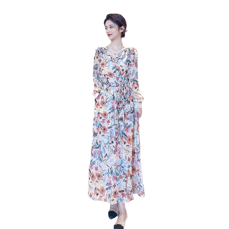 French Floral Long Sleeve Midi Dress V-Neck A-Line