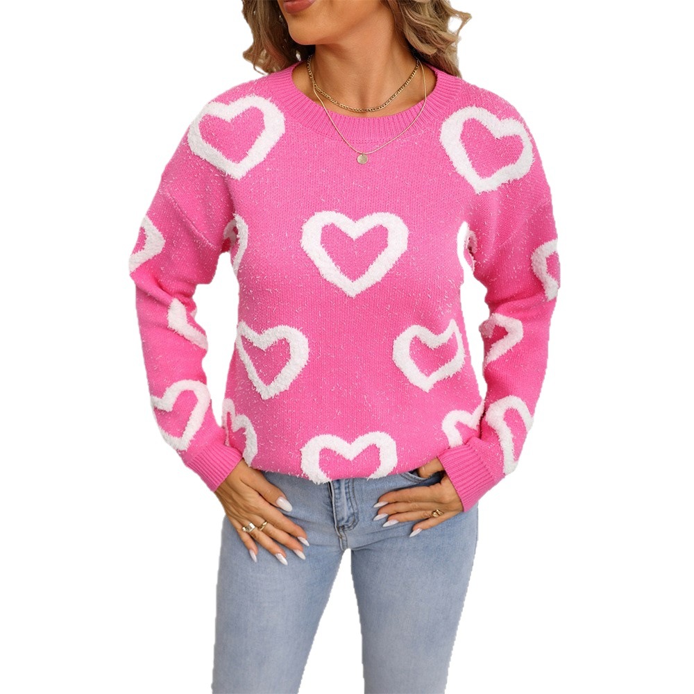 Women's Loose Crewneck Heart Colorblock Pullover Sweater