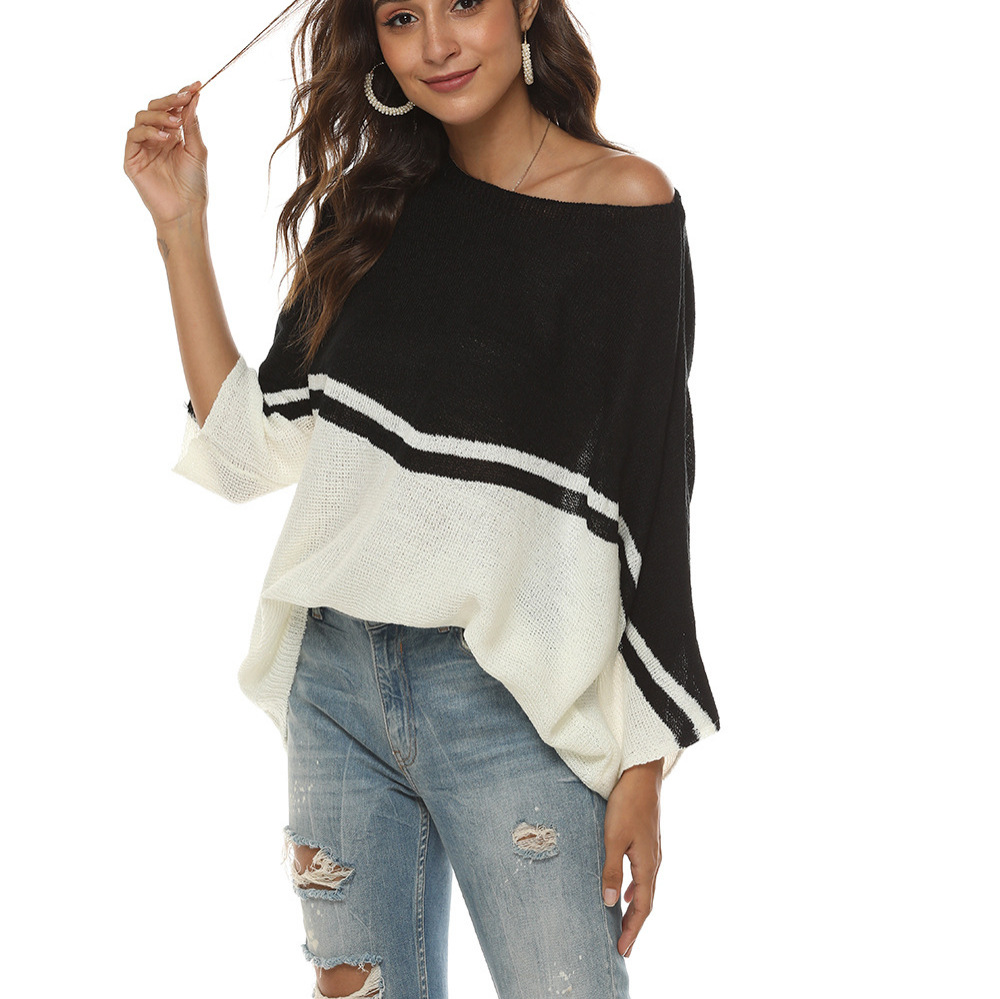 Women's Oversized Knit Batwing Sweater Colorblock Pullover Long Sleeve