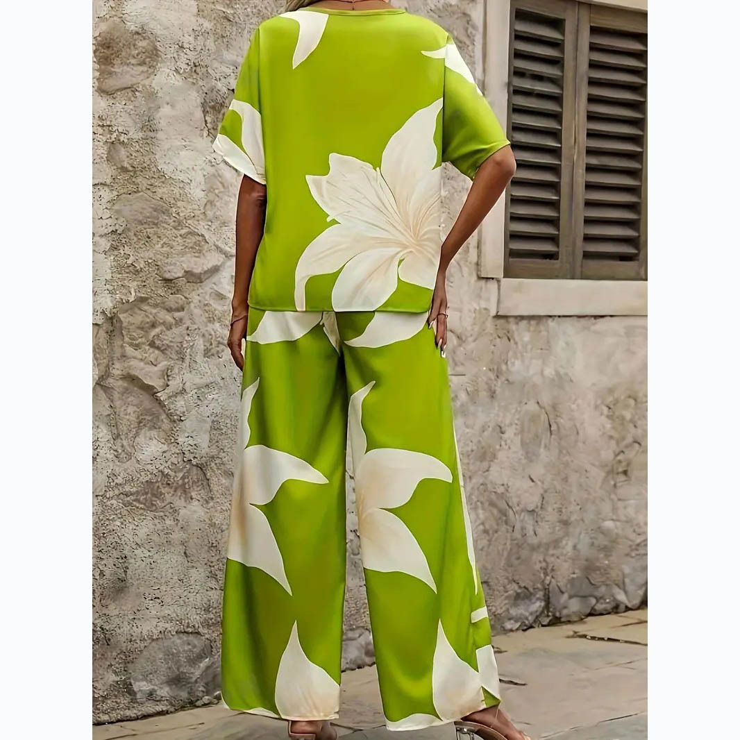 Women's Printed Casual Two-Piece Set Short Sleeve T-Shirt & Wide-Leg Pants