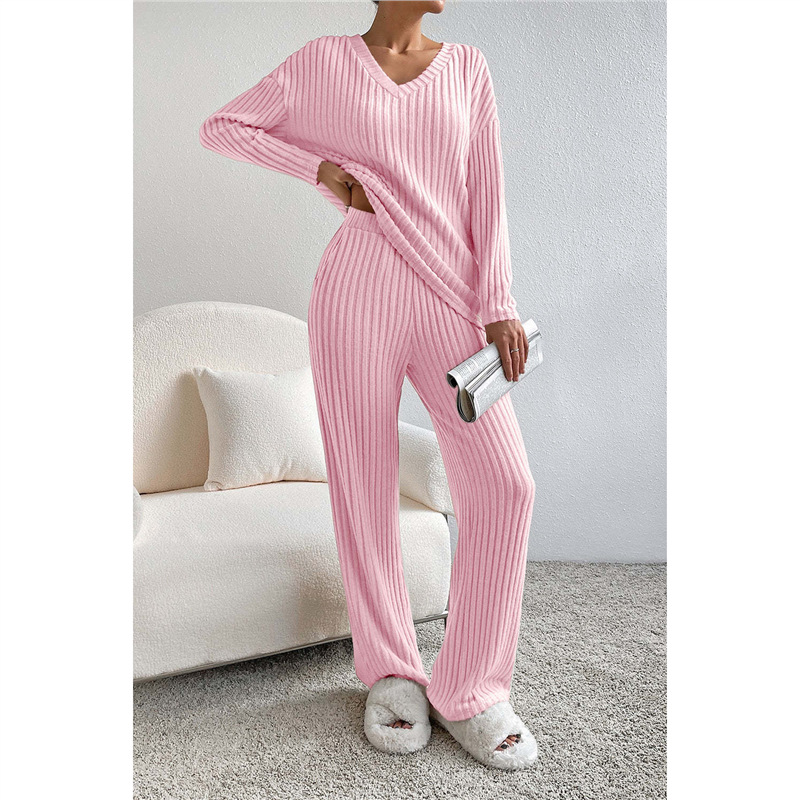 Women's Two-Piece V-Neck Knit Top and Straight-Leg Pants Set