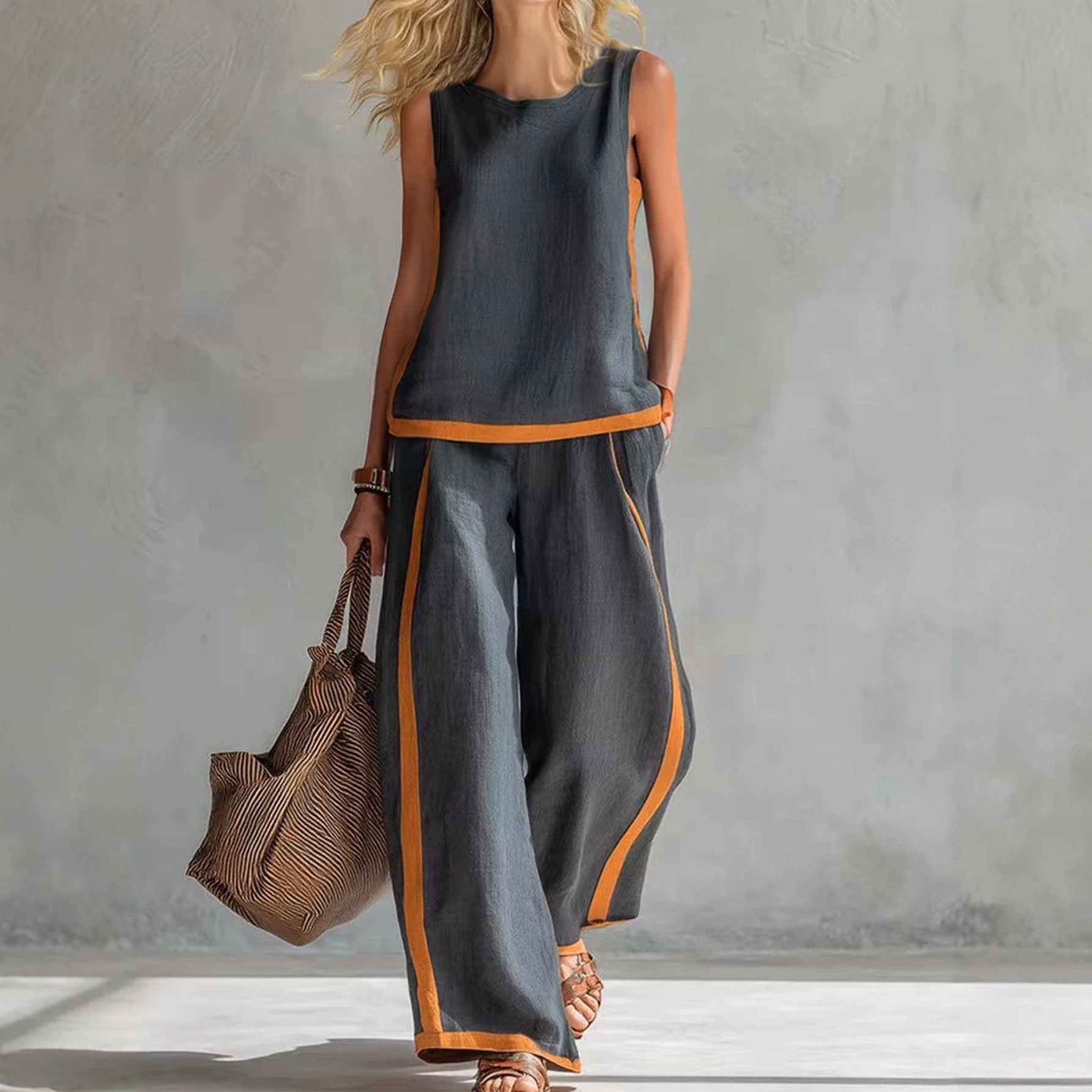 Sleeveless Colorblock Wide-Leg Pants Set Women's Summer Casual Two-Piece