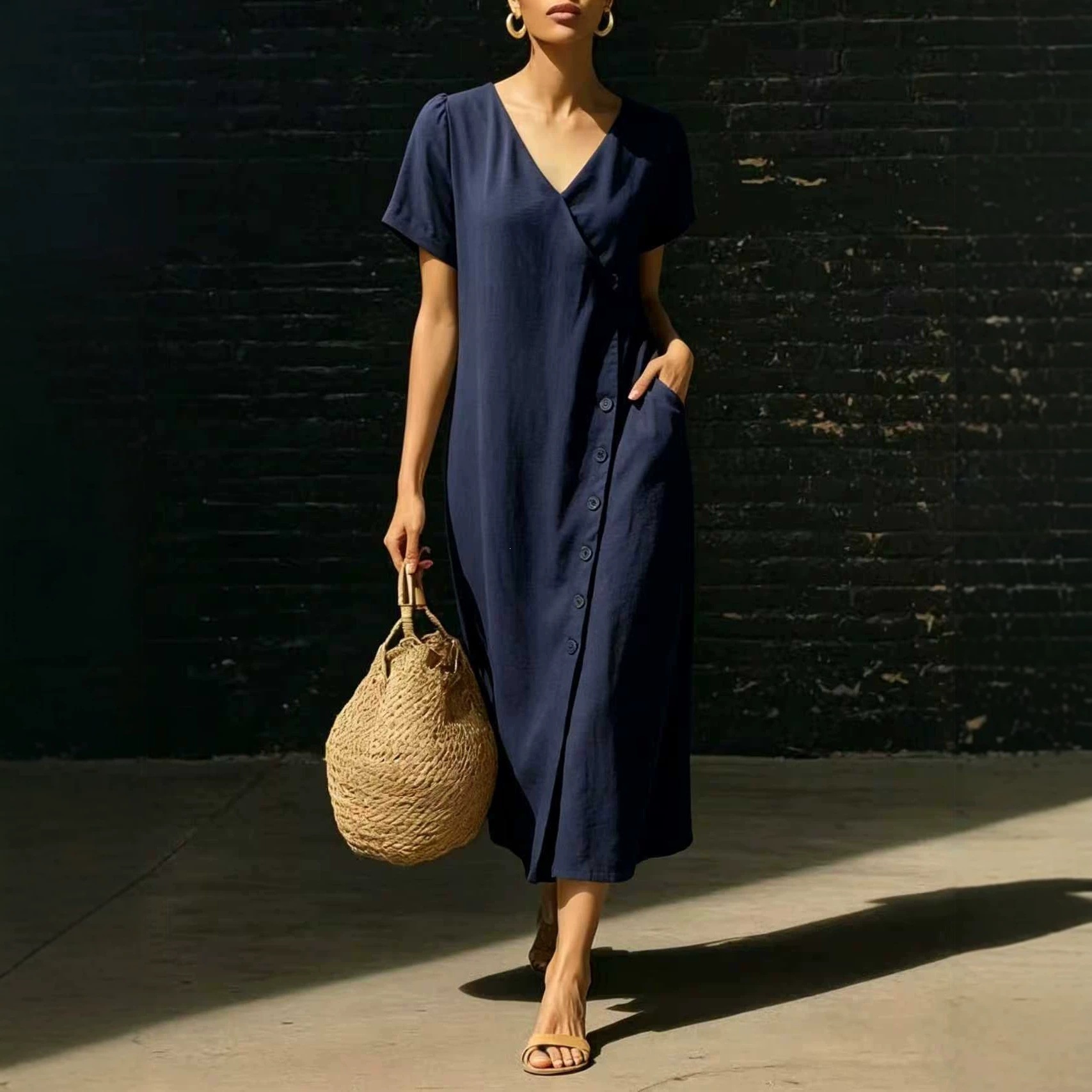 Women's V-Neck Button A-Line Midi Dress with Puff Sleeves