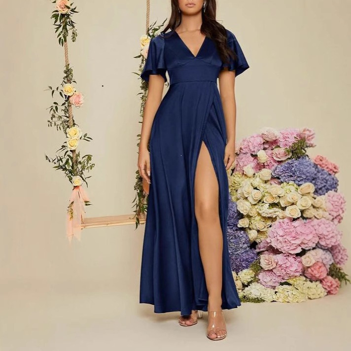 Women's Solid V-Neck Short Sleeve High Waist Long Dress