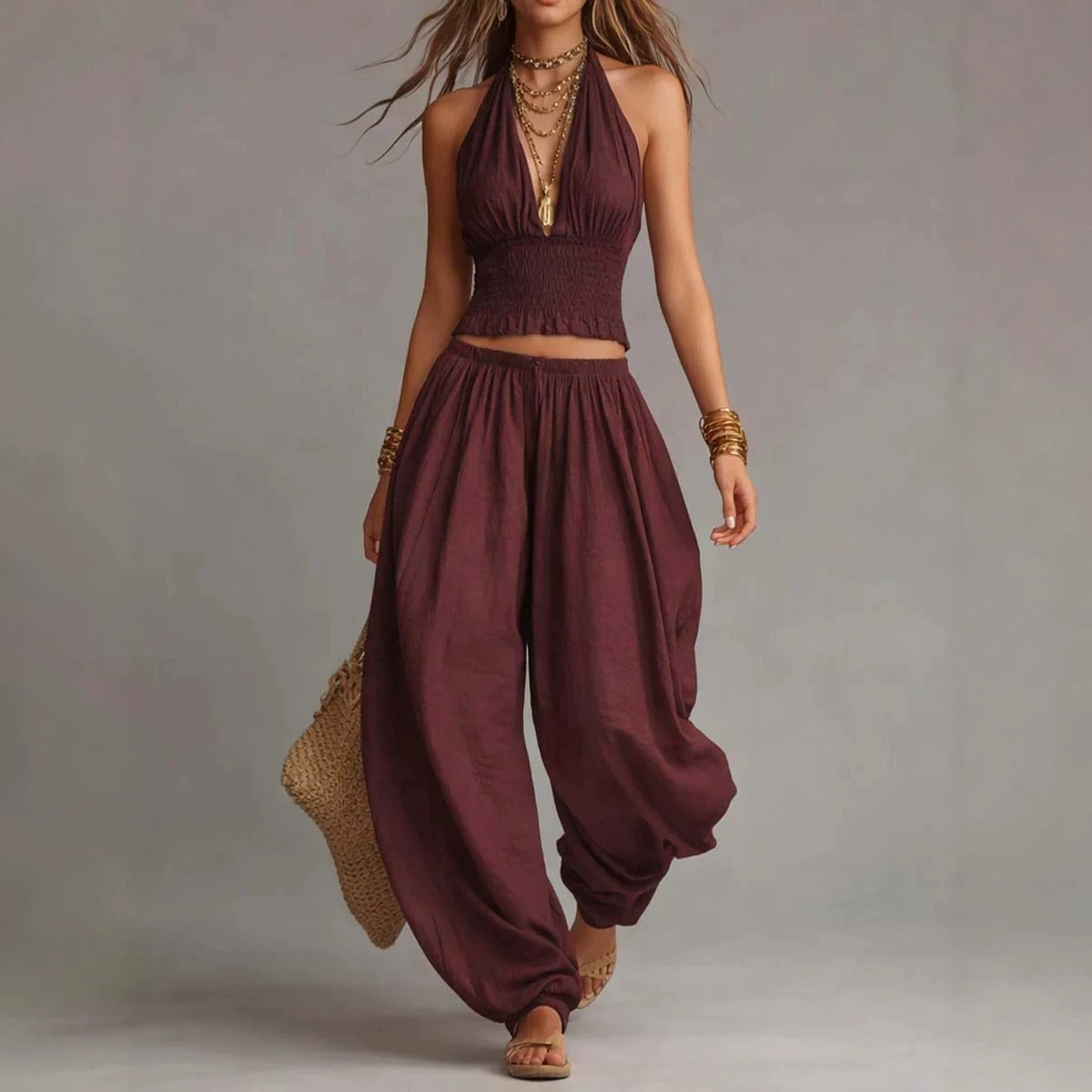 Bohemian Cotton-Linen Halter Smocked Crop Top & Lantern Pants Set